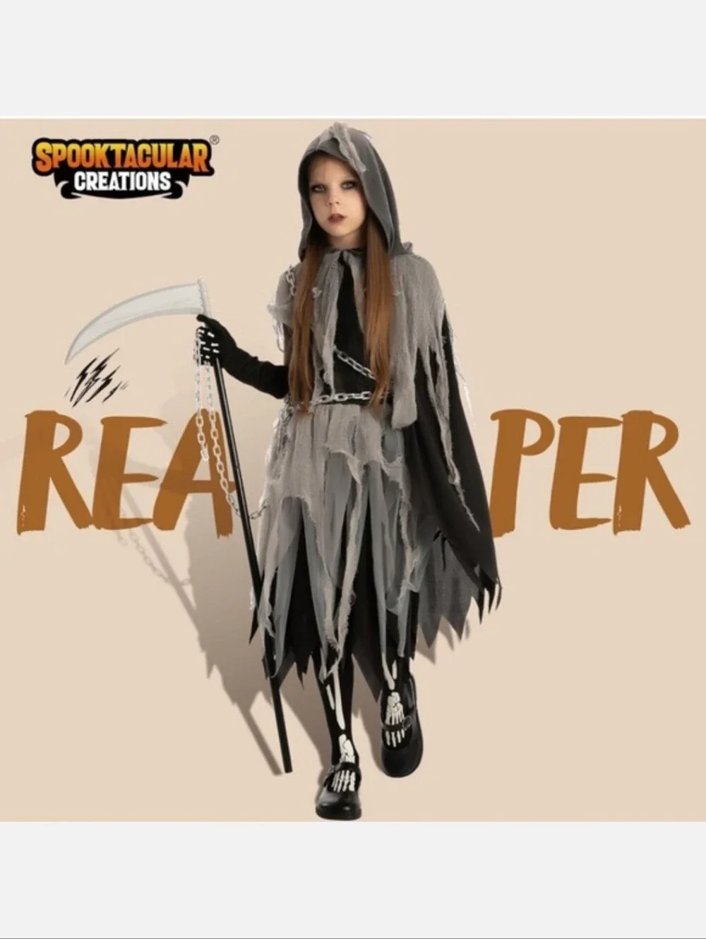 Girls Reaper Costume Rip Chains Hood Gloves Tights Glow In dark Skeleton, 8-10